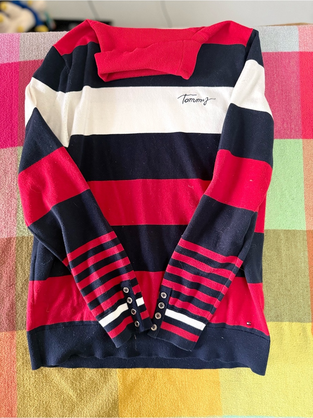 Tommy Hilfiger Women's Red, Navy & White Striped Turtleneck Sweater